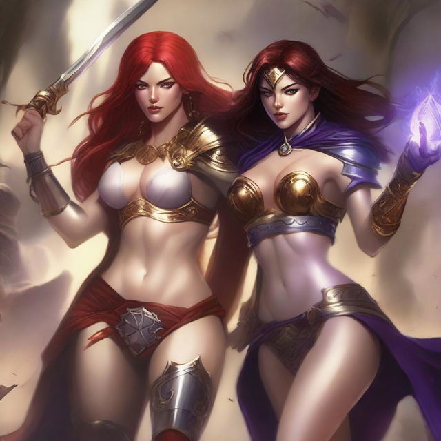 A Vallejo style full body illustration of a freckled red-haired priestess in white and gold bikini armor attacking alongside a black-haired fair elven sorceress in purple and gold bikini armor