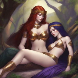 A Vallejo style full body illustration of a freckled red-haired priestess in white and gold bikini armor relaxing alongside a black-haired fair elven sorceress in purple and gold bikini armor