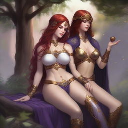 A Vallejo style full body illustration of a freckled red-haired priestess in white and gold bikini armor relaxing alongside a black-haired fair elven sorceress in purple and gold bikini armor