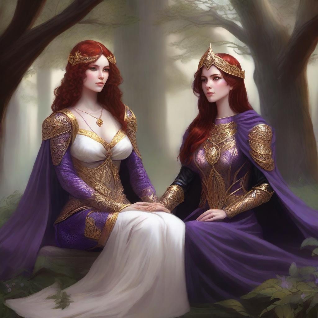 A Vallejo style full body illustration of a freckled red-haired priestess in white and gold armor relaxing alongside a black-haired fair elven sorceress in purple and gold armor