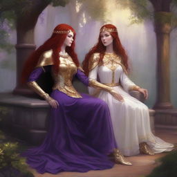 A Vallejo style full body illustration of a freckled red-haired priestess in white and gold armor relaxing alongside a black-haired fair elven sorceress in purple and gold armor