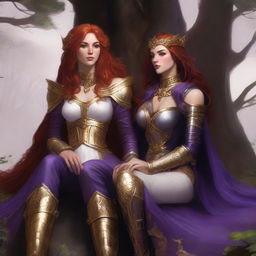 A Vallejo style full body illustration of a freckled red-haired priestess in white and gold armor relaxing alongside a black-haired fair elven sorceress in purple and gold armor