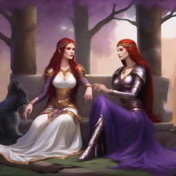 A Vallejo style full body illustration of a freckled red-haired priestess in white and gold armor relaxing alongside a black-haired fair elven sorceress in purple and gold armor