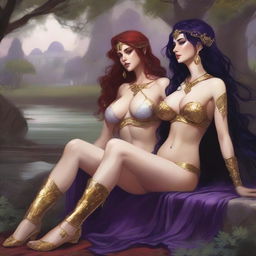 A Vallejo style full body illustration of a freckled red-haired priestess in white and gold bikini armor relaxing alongside a black-haired fair elven sorceress in purple and gold bikini armor