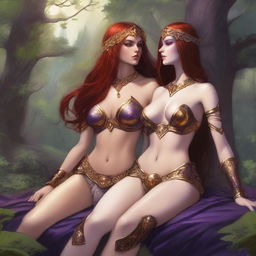 A Vallejo style full body illustration of a freckled red-haired priestess in white and gold bikini armor relaxing alongside a black-haired fair elven sorceress in purple and gold bikini armor