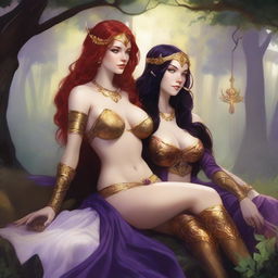 A Vallejo style full body illustration of a freckled red-haired priestess in white and gold bikini armor relaxing alongside a black-haired fair elven sorceress in purple and gold bikini armor