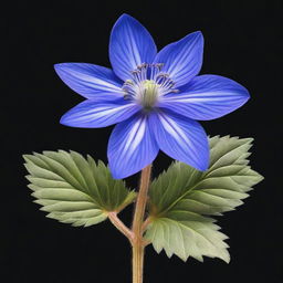 A detailed illustration of a borage flower with its distinct star-shaped blue petals and fuzzy leaves, set against a completely black background