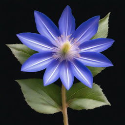 A detailed illustration of a borage flower with its distinct star-shaped blue petals and fuzzy leaves, set against a completely black background