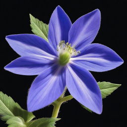 A detailed illustration of a borage flower with its distinct star-shaped blue petals and fuzzy leaves, set against a completely black background