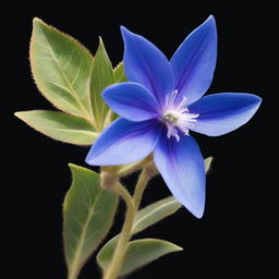 A detailed illustration of a borage flower with its distinct star-shaped blue petals and fuzzy leaves, set against a completely black background