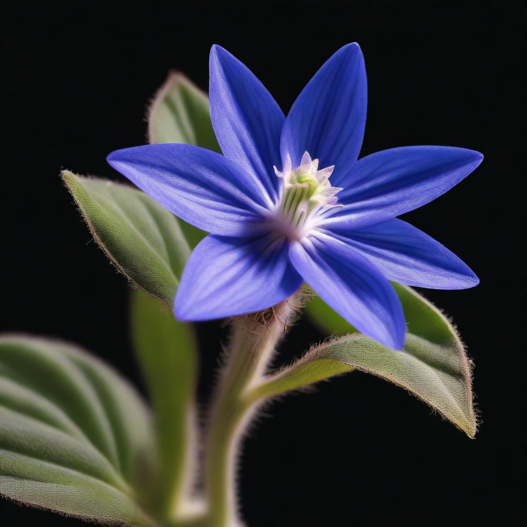 A realistic, high-resolution photograph of a borage flower with its distinct star-shaped blue petals and fuzzy leaves