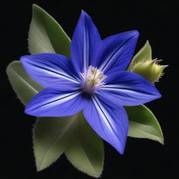 A realistic, high-resolution photograph of a borage flower with its distinct star-shaped blue petals and fuzzy leaves