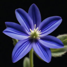 A realistic, high-resolution photograph of a borage flower with its distinct star-shaped blue petals and fuzzy leaves