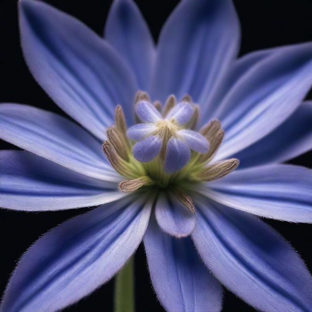 A realistic, high-resolution photograph of a borage flower with its distinct star-shaped blue petals and fuzzy leaves