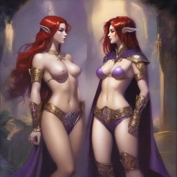 A Vallejo style full body illustration of a freckled red-haired priestess in white and gold bikini armor discussing with a black-haired fair elven sorceress in purple and gold bikini armor