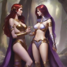 A Vallejo style full body illustration of a freckled red-haired priestess in white and gold bikini armor discussing with a black-haired fair elven sorceress in purple and gold bikini armor