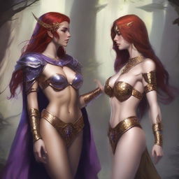 A Vallejo style full body illustration of a freckled red-haired priestess in white and gold bikini armor discussing with a black-haired fair elven sorceress in purple and gold bikini armor