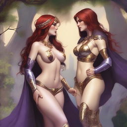 A Vallejo style full body illustration of a freckled red-haired priestess in white and gold bikini armor discussing with a black-haired fair elven sorceress in purple and gold bikini armor