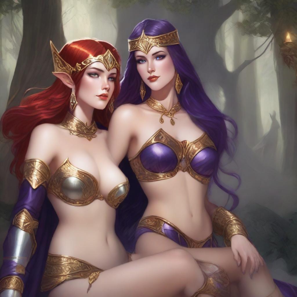 A Vallejo style full body illustration of a freckled red-haired priestess in white and gold bikini armor seated next to a black-haired fair elven sorceress in purple and gold bikini armor