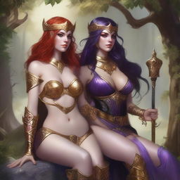 A Vallejo style full body illustration of a freckled red-haired priestess in white and gold bikini armor seated next to a black-haired fair elven sorceress in purple and gold bikini armor