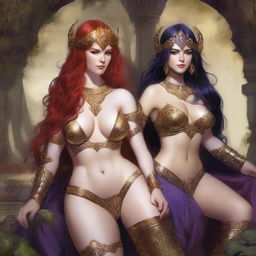 A Vallejo style full body illustration of a freckled red-haired priestess in white and gold bikini armor seated next to a black-haired fair elven sorceress in purple and gold bikini armor