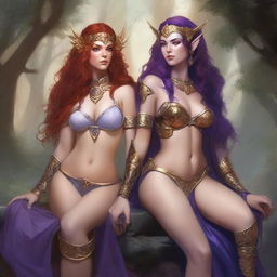 A Vallejo style full body illustration of a freckled red-haired priestess in white and gold bikini armor seated next to a black-haired fair elven sorceress in purple and gold bikini armor