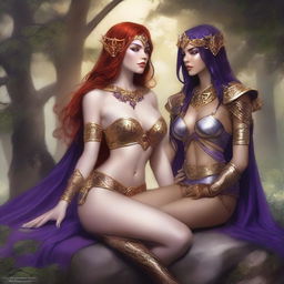 A Vallejo style full body illustration of a freckled red-haired priestess in white and gold bikini armor seated facing a black-haired fair elven sorceress in purple and gold bikini armor