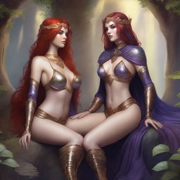 A Vallejo style full body illustration of a freckled red-haired priestess in white and gold bikini armor seated facing a black-haired fair elven sorceress in purple and gold bikini armor