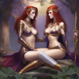 A Vallejo style full body illustration of a freckled red-haired priestess in white and gold bikini armor seated facing a black-haired fair elven sorceress in purple and gold bikini armor