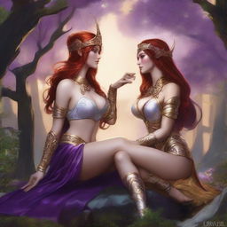 A Vallejo style full body illustration of a freckled red-haired priestess in white and gold bikini armor seated facing a black-haired fair elven sorceress in purple and gold bikini armor