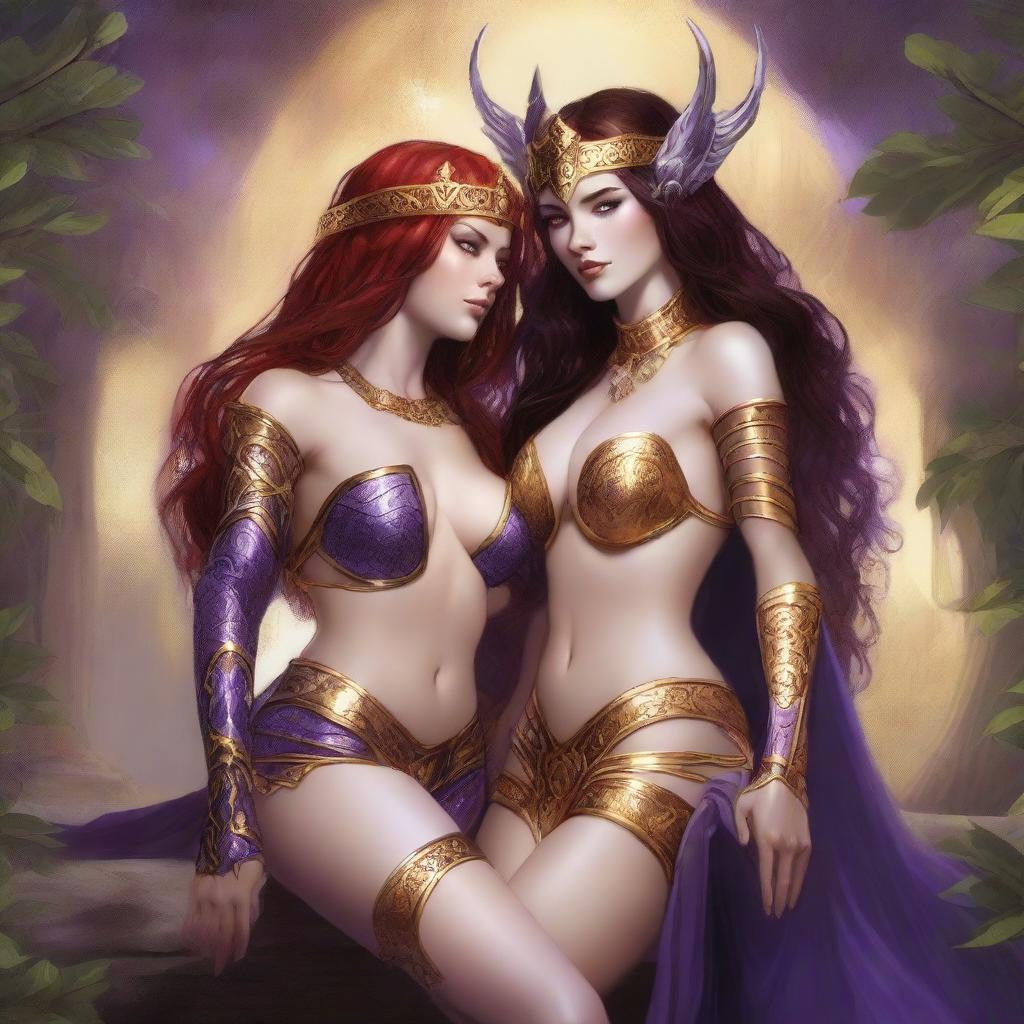 A Vallejo style full body illustration of a freckled red-haired priestess in white and gold bikini armor seated and embracing a black-haired fair elven sorceress in purple and gold bikini armor