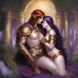 A Vallejo style full body illustration of a freckled red-haired priestess in white and gold bikini armor seated and embracing a black-haired fair elven sorceress in purple and gold bikini armor