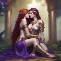 A Vallejo style full body illustration of a freckled red-haired priestess in white and gold bikini armor seated and embracing a black-haired fair elven sorceress in purple and gold bikini armor