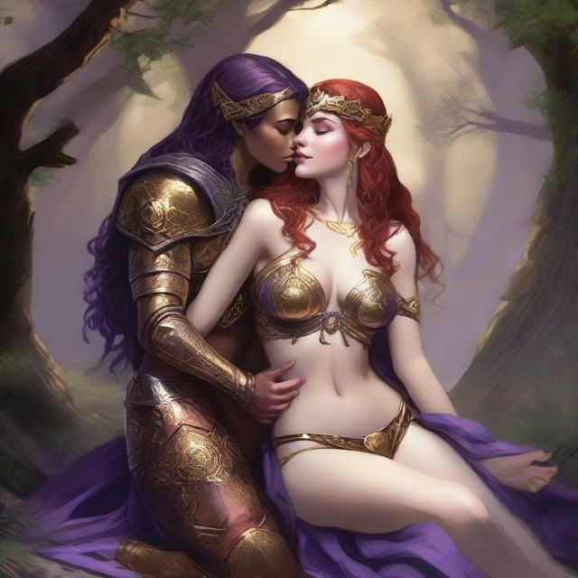 A Vallejo style full body illustration of a freckled red-haired priestess in white and gold bikini armor seated and embracing a black-haired fair elven sorceress in purple and gold bikini armor