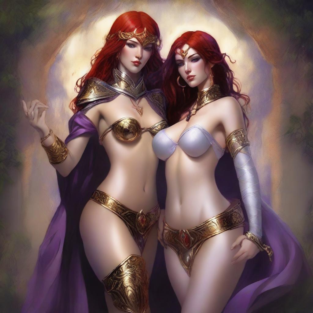 A Vallejo style full body illustration of a freckled red-haired priestess in white and gold bikini armor entwined with a black-haired fair elven sorceress in purple and gold bikini armor