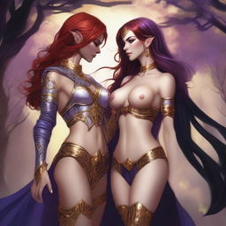 A Vallejo style full body illustration of a freckled red-haired priestess in white and gold bikini armor entwined with a black-haired fair elven sorceress in purple and gold bikini armor