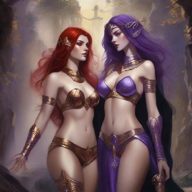 A Vallejo style full body illustration of a freckled red-haired priestess in white and gold bikini armor entwined with a black-haired fair elven sorceress in purple and gold bikini armor