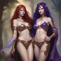 A Vallejo style full body illustration of a freckled red-haired priestess in white and gold bikini armor entwined with a black-haired fair elven sorceress in purple and gold bikini armor