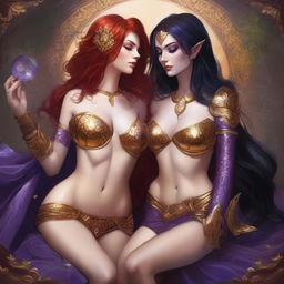 A Vallejo style full body illustration of a freckled red-haired priestess in white and gold bikini armor entwined with a black-haired fair elven sorceress in purple and gold bikini armor