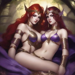 A Vallejo style full body illustration of a freckled red-haired priestess in white and gold bikini armor entwined with a black-haired fair elven sorceress in purple and gold bikini armor