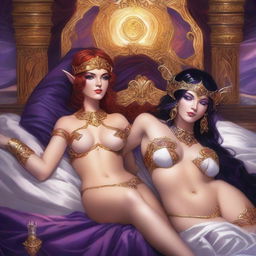 A Vallejo style full body illustration of a freckled red-haired priestess in white and gold bikini armor entwined with a black-haired fair elven sorceress in purple and gold bikini armor