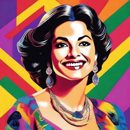 A detailed portrait of Laura Leon, a famous Mexican actress and singer, showcasing her vibrant personality and iconic style