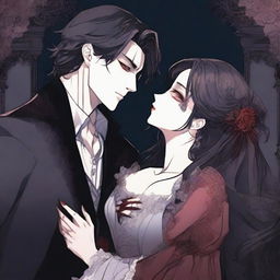 A dark vampire romance scene from a manhwa, featuring a vampire and their love interest in a shadowy, gothic setting with deep, rich colors and intricate background details