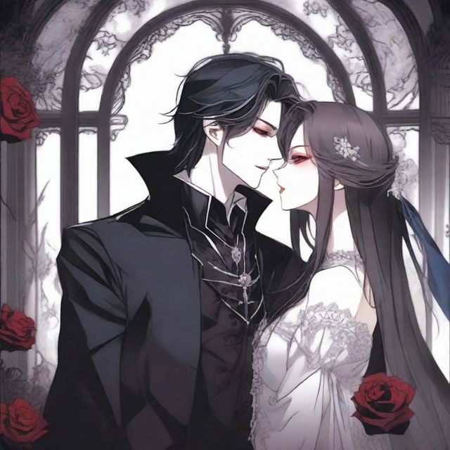 A dark vampire romance scene from a manhwa, featuring a vampire and their love interest in a shadowy, gothic setting with deep, rich colors and intricate background details