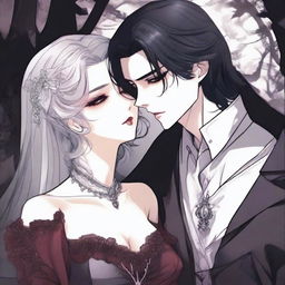 A dark vampire romance scene from a manhwa, featuring a vampire and their love interest in a shadowy, gothic setting with deep, rich colors and intricate background details