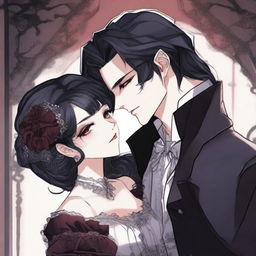 A dark vampire romance scene from a manhwa, featuring a vampire and their love interest in a shadowy, gothic setting with deep, rich colors and intricate background details