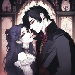 A dark vampire romance scene from a manhwa, featuring a vampire and their love interest in a shadowy, gothic setting with deep, rich colors and intricate background details