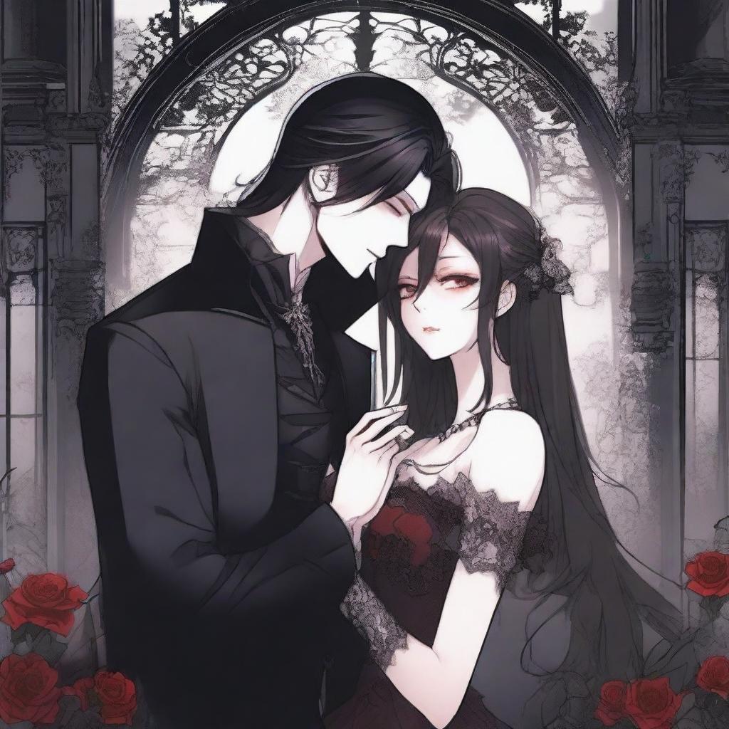 A dark vampire romance scene from a manhwa, featuring a vampire and their love interest in a shadowy, gothic setting with deep, rich colors and intricate background details