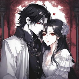 A dark vampire romance scene from a manhwa, featuring a vampire and their love interest in a shadowy, gothic setting with deep, rich colors and intricate background details