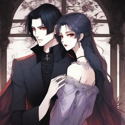 A dark vampire romance scene from a manhwa, featuring a vampire and their love interest in a shadowy, gothic setting with deep, rich colors and intricate background details